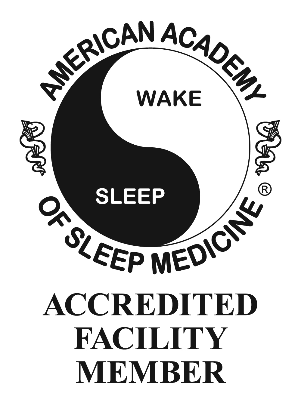 American academy of sleep medicine accredited facility member with a ying yang that says wake and sleep